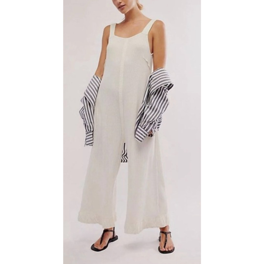 FREE PEOPLE FP ONE TOFU WHITE CALLIE WIDE LEG WAFFLE ONE PIECE JUMPSUIT SZ XL